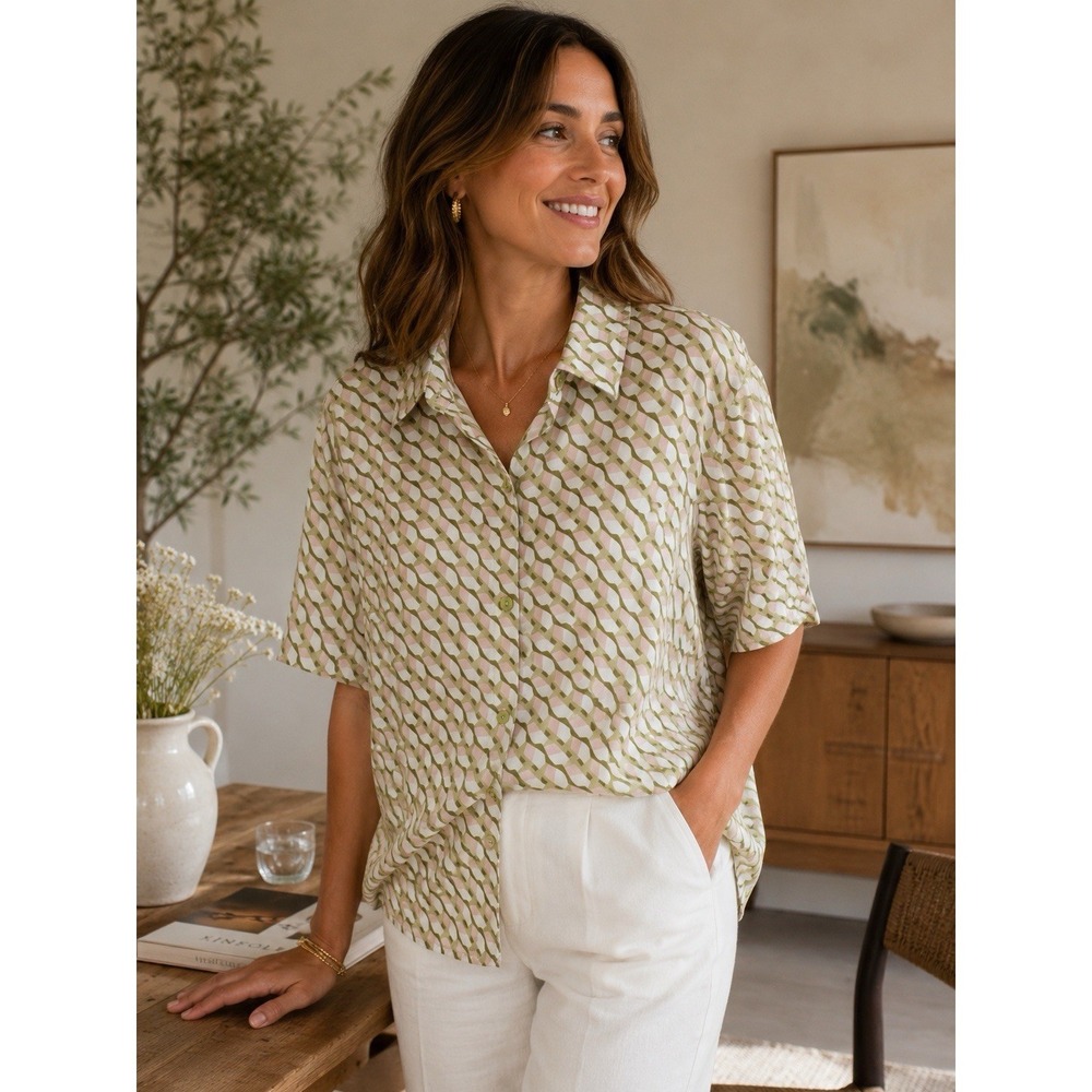 Ryegrass Women's 1X Geometric Button Blouse Pink Green Short Sleeve Top RR43